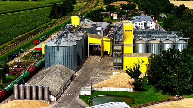 Wheat and corn processing and storage industrial plant. Aerial view