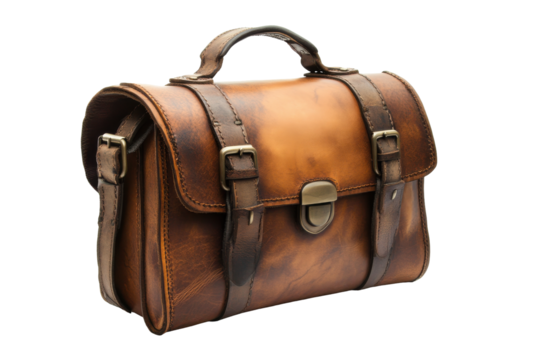 Vintage leather satchel bag isolated on transparent background. Vintage brown leather briefcase isolated on white background.