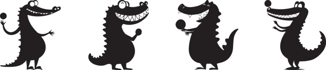 Funny crocodile silhouettes cartoon set of smiling alligators standing and holding ball on white background, black vector illustration for kids design, animal mascot or character art for decoration an
