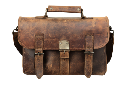 Vintage distressed brown leather satchel bag isolated on transparent background. Vintage brown leather briefcase isolated on white background. - Powered by Adobe