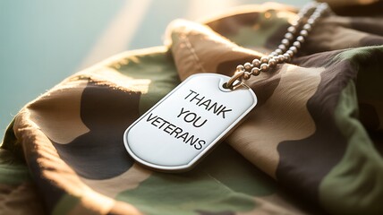 Military dog tag on camouflage fabric with thank you message honoring veterans