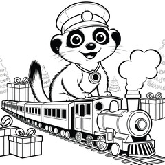 Cute meerkat train conductor christmas coloring page vector illustration scalable eps icon silhouette White background