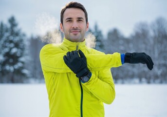 An athlete in a neon yellow jacket stretches his arm during a winter warm-up