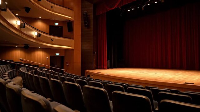 curtain for theater | A well-lit stage awaits performers in a modern theater, with rows of plush seats arranged for an audience, showcasing warm wooden tones and deep red curtains