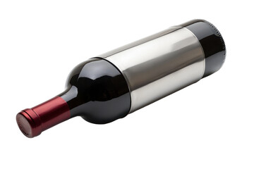 Red wine bottle with silver label isolated on transparent background. Wine bottle chiller isolated on white background.