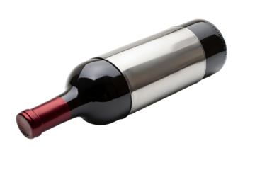 Red wine bottle with silver label isolated on transparent background. Wine bottle chiller isolated on white background.