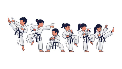 Karate Kids: A dynamic illustration showcases young martial artists in action, mastering the art of karate with precision and focus. Capturing the spirit of discipline and the beauty of movement. © FARHANA