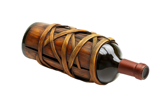 Antique wine bottle with ornate leather wrapping isolated on transparent background. Wine bottle chiller isolated on white background. - Powered by Adobe