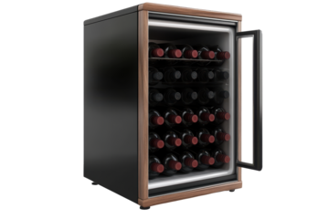 Modern stainless steel wine cooler refrigerator with bottles isolated on transparent background. Wine fridge cooler isolated on white background.