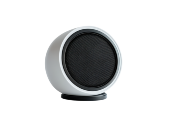 White wireless speaker with black grill isolated on transparent background. Wireless speaker isolated on white background.