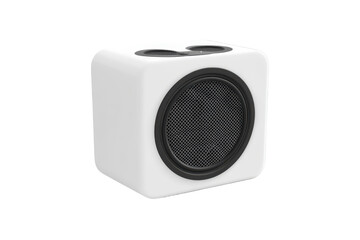 Fototapeta premium White wireless speaker with black grill isolated on transparent background. Wireless speaker isolated on white background.