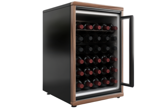 Modern stainless steel wine cooler refrigerator with bottles isolated on transparent background. Wine fridge cooler isolated on white background.