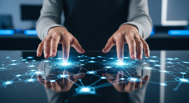 A man's hands interact with a glowing digital network interface, illustrating concepts of data management, global connection, and future technology