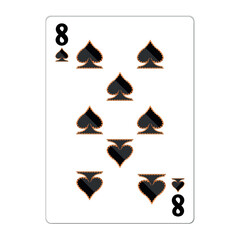 Obraz premium Eight of spades. Playing card with golden elements. Casino icons. Pictograms representing different suits. Vector illustration. Flat design for modern visual elements.