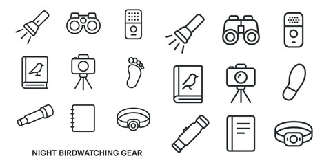 Birdwatching gear outline icons set – linear, silhouette, nature and wildlife symbols