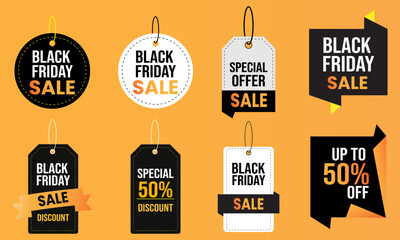 Black Friday Sale Tags Collection with Discount Labels, Special Offer Badges, and Price Stickers on Orange Background – Modern Vector Design for Holiday Shopping, Marketing, and E-commerce Promotions