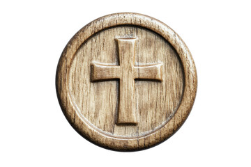 Rustic wooden cross emblem isolated on transparent background. Wooden button with cross symbol in light texture isolated on white background.