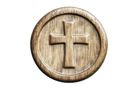 Rustic wooden cross emblem isolated on transparent background. Wooden button with cross symbol in light texture isolated on white background.