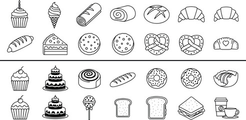 Black and white dessert icon set featuring cupcakes, cakes, cookies, bread, rolls, donuts, pretzels, and coffee cups