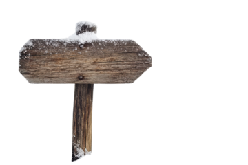 Rustic wooden signpost covered in snow isolated on transparent background. Wooden signpost in snow isolated on white background.