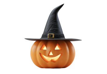 Glowing jack o lantern wearing a black witch hat on transparent background