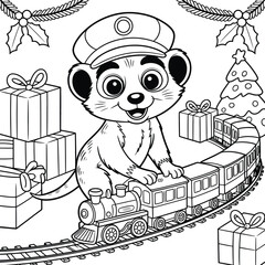 Adorable meerkat in uniform driving a toy train surrounded by christmas gifts and decorations vector illustration silhouette White background