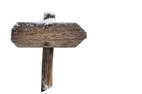 Rustic wooden signpost covered in snow isolated on transparent background. Wooden signpost in snow isolated on white background.