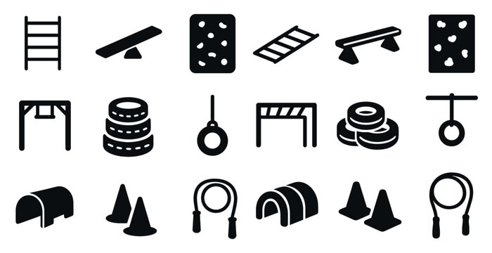 Fitness and obstacle course solid icons set – flat, filled, workout and exercise symbols