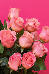 Lush pink roses bouquet with vibrant blooms and greenery on bright background for celebration