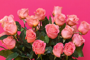 Lush pink roses bouquet with vibrant blooms on bright background for celebration