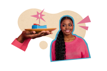 Composite trend artwork sketch image photo collage of happy birthday greeting congratulation cake sweet lady smile emoji candle fire