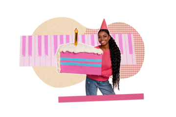 Composite trend artwork sketch image photo collage of happy birthday greeting congratulation cake sweet lady cone hat piano song music