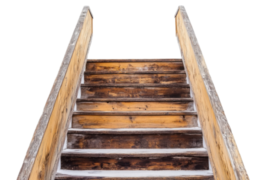 Antique wooden spiral staircase isolated on transparent background. Wooden staircase isolated on white background.