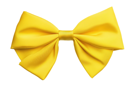 Bright yellow fabric bow tie isolated on transparent background. Yellow bow with yellow ribbon isolated on white background.