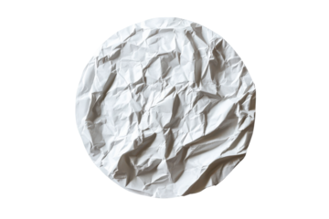 Crushed crumpled white paper oval shape isolated on transparent background. Circular light gray crumpled piece of paper or sticker isolated on white background.
