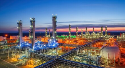 Obraz premium Aerial view of an industrial oil refinery plant at dusk with illuminated lights