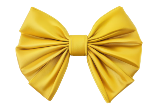 Bright yellow fabric bow tie isolated on transparent background. Yellow bow with yellow ribbon isolated on white background.