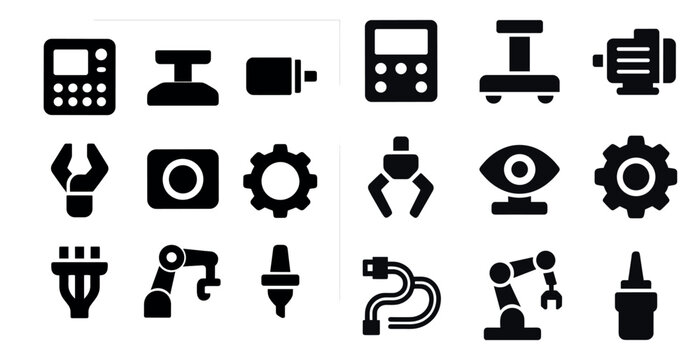 Industrial themed solid icons set – filled, manufacturing and mechanical symbols