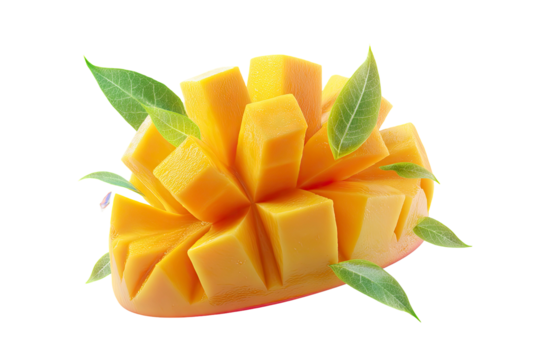 Fresh mango chunks with green leaves isolated on transparent background