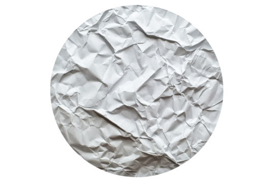 Crushed crumpled white paper oval shape isolated on transparent background. Circular light gray crumpled piece of paper or sticker isolated on white background. - Powered by Adobe
