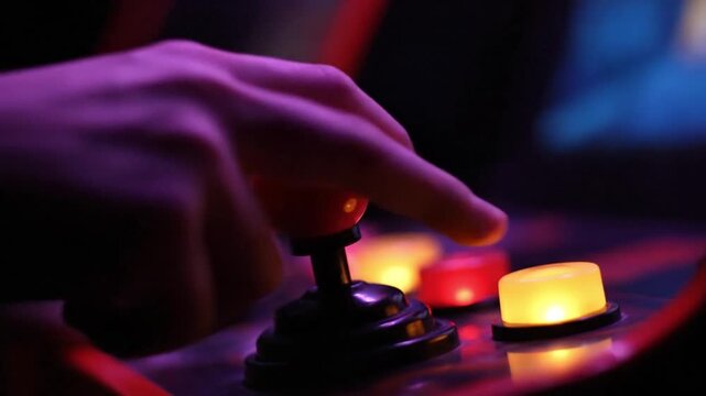Hand pressing a glowing yellow button on a vibrant arcade game machine