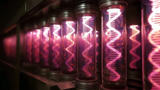 The large multiple clone test tubes with glowing DNA helices inside in a cultivation chambers. Research DNA at laboratory, Research and development concept	