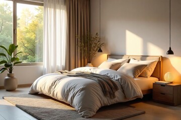 Serene Bedroom Interior Soft Lighting, Plush Bedding, and Calming Earth Tones Create a Peaceful Sanctuary for Relaxation and Wellness. Ideal for Home Decor and Lifestyle Websites.