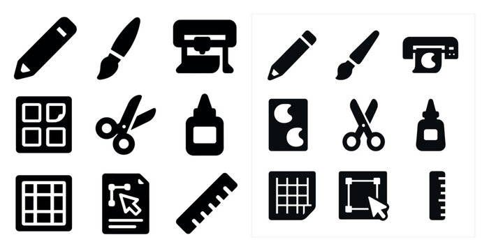 Creative art tools solid icons set – filled, crafting, design essentials symbols