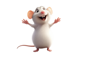 Cute rat standing with arms open wide isolated on transparent background. Mouse standing on hind legs gesturing with front paws isolate on white background.