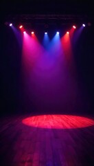 Dramatic Stage Lighting Empty Stage Illuminated with Powerful Beams, Ready for a Concert or Theatrical Performance. Vibrant Colors and Deep Shadows Create a Powerful Atmosphere.