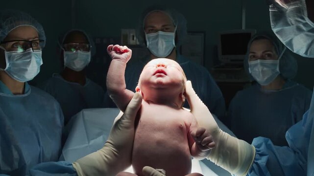 Medical people holding newborn baby after a c-section operation inside hospital - Childbirth, surgeon and health care concept - Models by AI generative