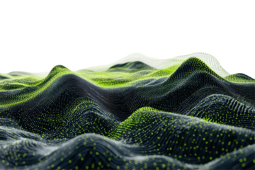 Abstract glowing digital mountain landscape with data points isolated on transparent background. Green dots and lines creating a wave pattern on the surface of mountains, 3D rendering.