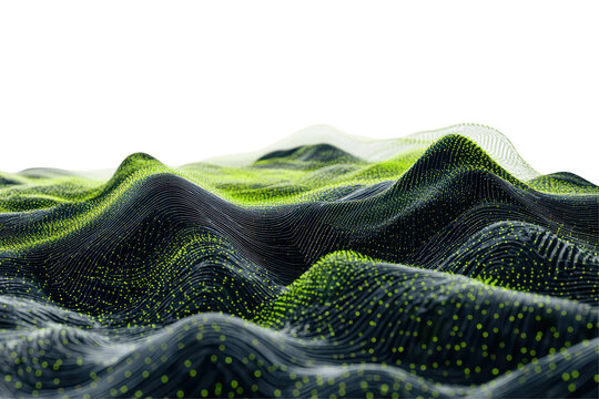 Abstract glowing digital mountain landscape with data points isolated on transparent background. Green dots and lines creating a wave pattern on the surface of mountains, 3D rendering.