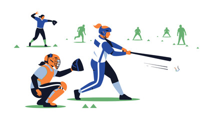 Obraz premium Baseball Game: Capturing the intensity of a baseball game, with a batter swinging for the fences, a catcher ready for action, and a pitcher in mid-throw. Dynamic scene full of action.